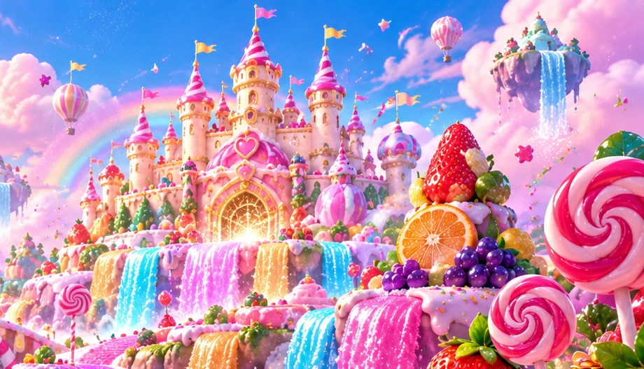 The pink frosting castle above colourful candy waterfalls