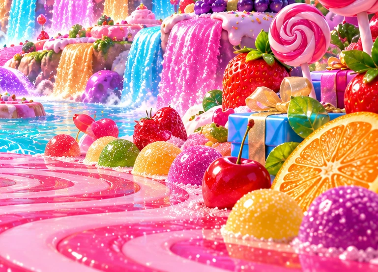 Shiny fruit, colourful sweets and gift details beside the candy river