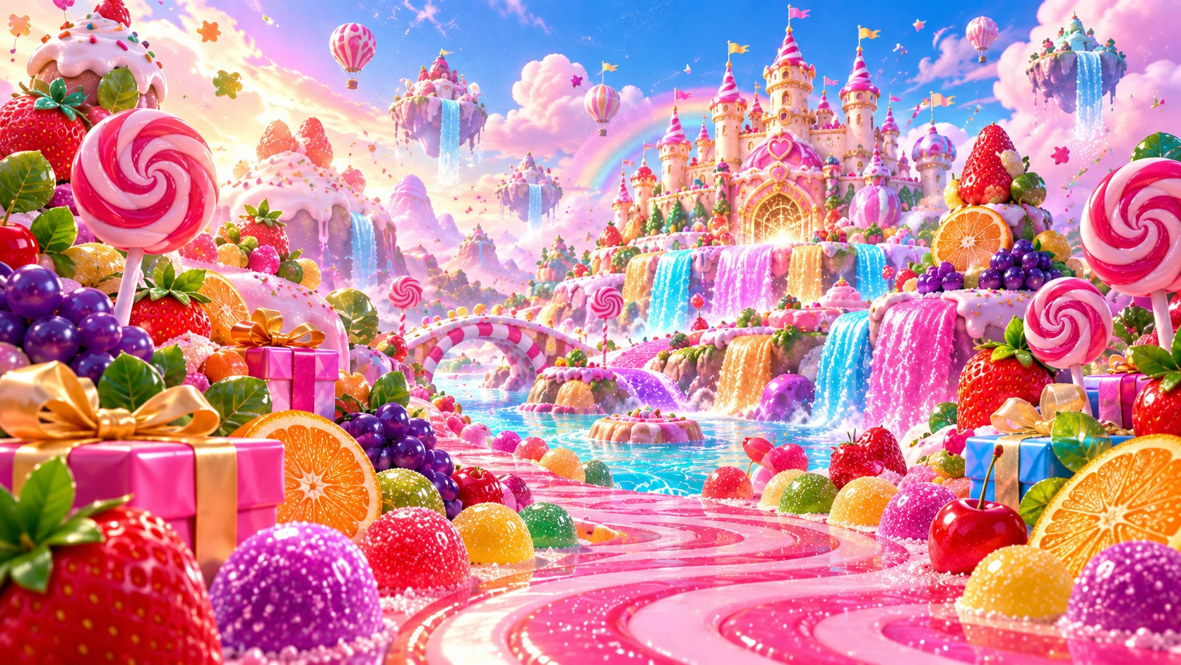 A bright glossy candy kingdom with giant lollipops, juicy fruit, gifts and rainbow waterfalls